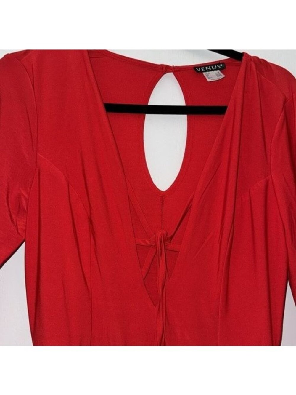 Red Venus Long Sleeve Jumpsuit With Open Front Skirt Overlay Strappy Neckline & - Picture 3 of 12